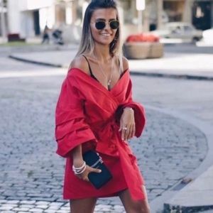 Zara Woman Red Puffy Sleeve Wrapped Dress